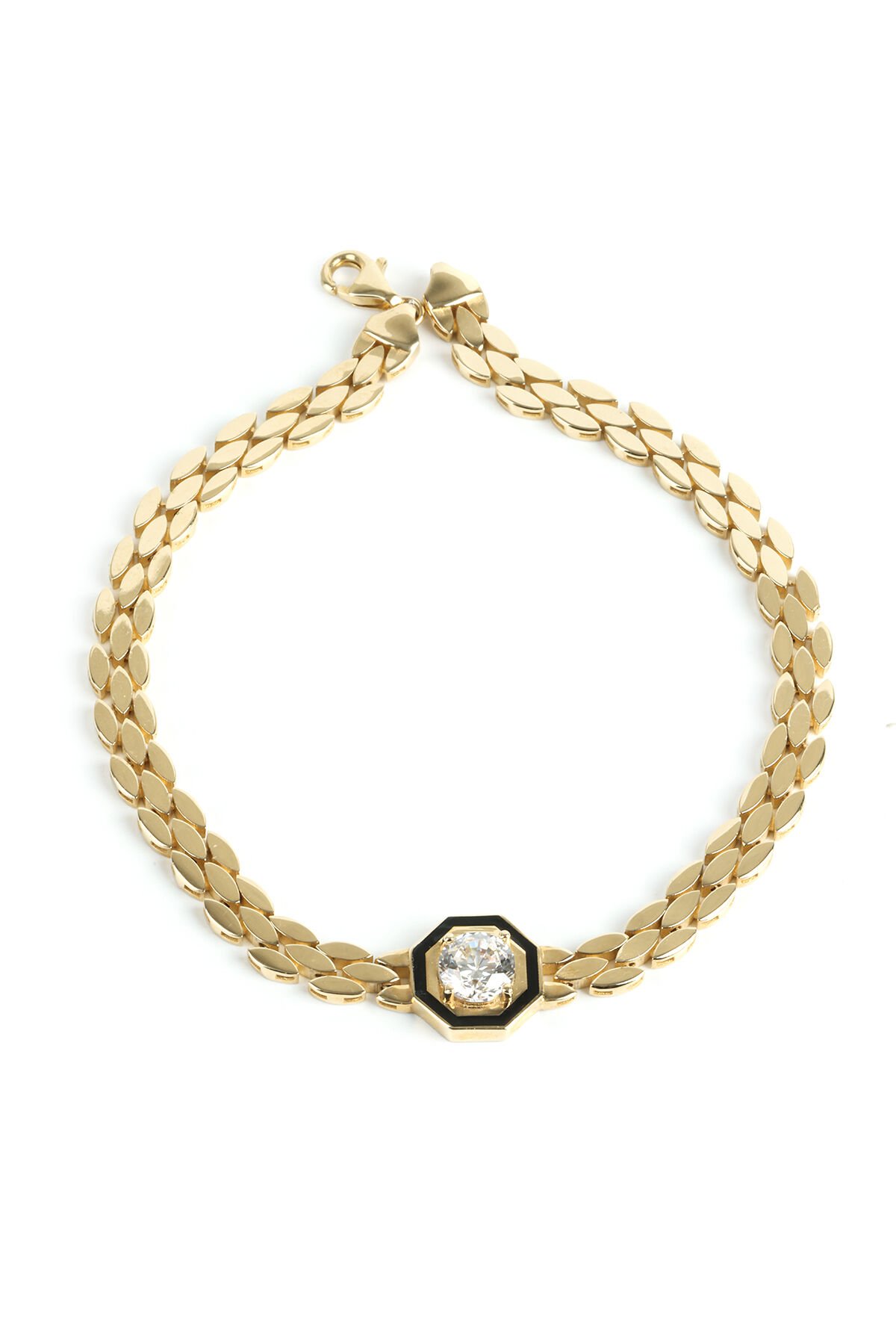 Altın Siyah Mineli Tektaş Detaylı Yaprak Örgü Bileklik