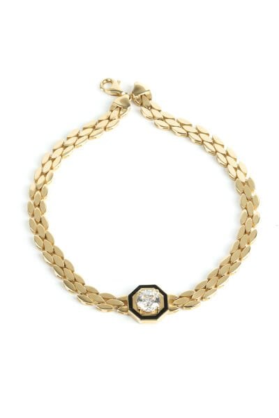 Altın Siyah Mineli Tektaş Detaylı Yaprak Örgü Bileklik