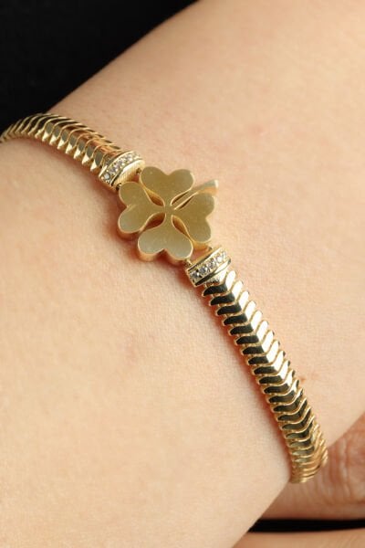 Altın Yonca Figürlü Yassı Örgü Bileklik