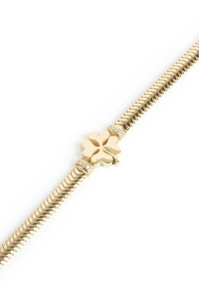 Altın Yonca Figürlü Yassı Örgü Bileklik