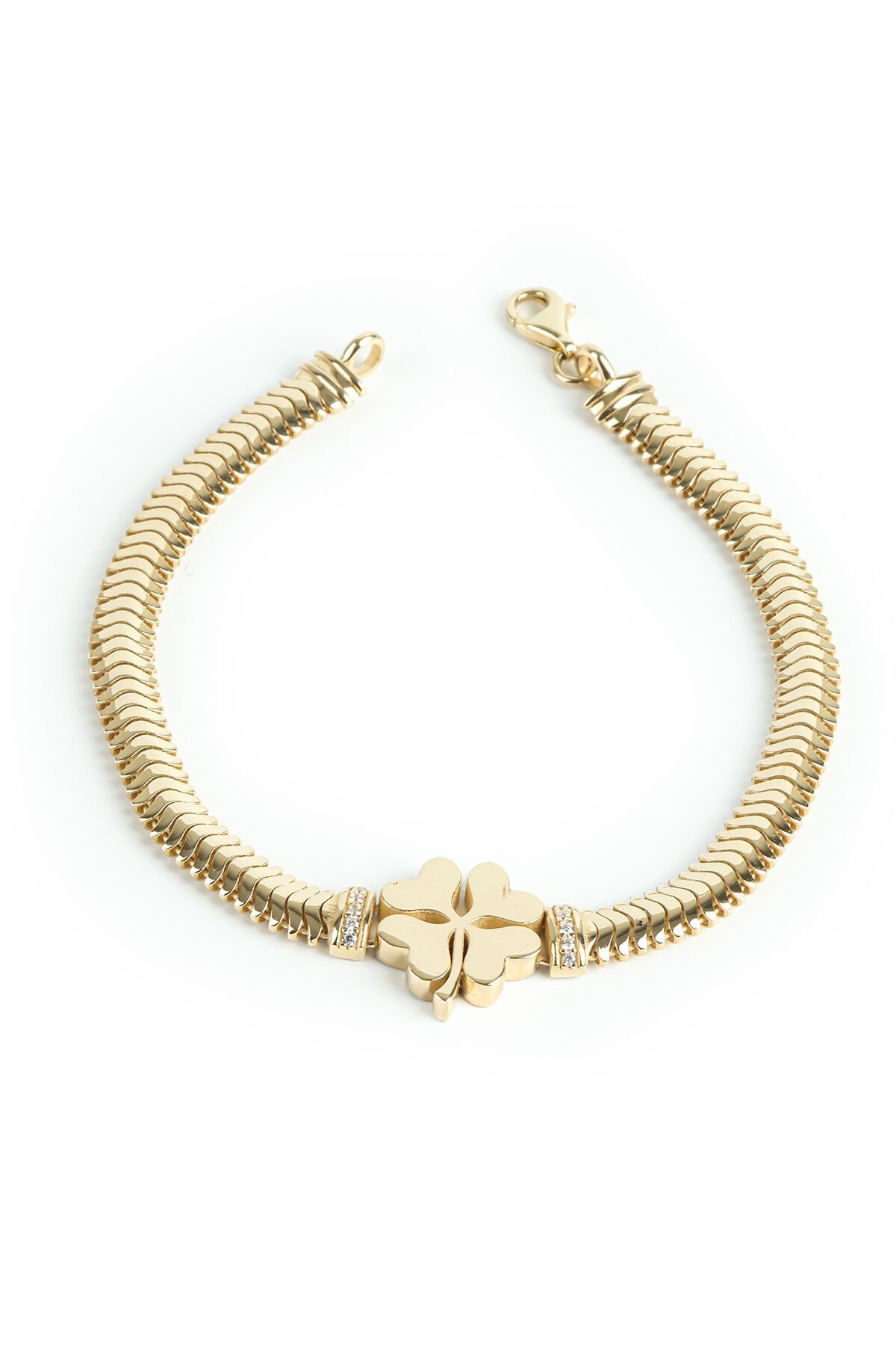 Altın Yonca Figürlü Yassı Örgü Bileklik