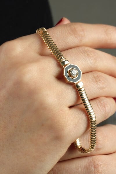 Altın Siyah Mineli Oktagon Tektaşlı İtalyan Örgü Bileklik