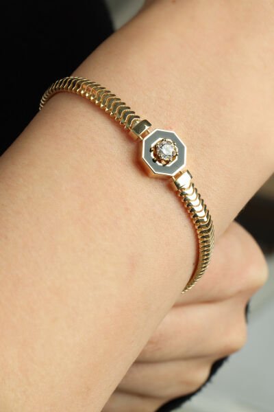 Altın Siyah Mineli Oktagon Tektaşlı İtalyan Örgü Bileklik