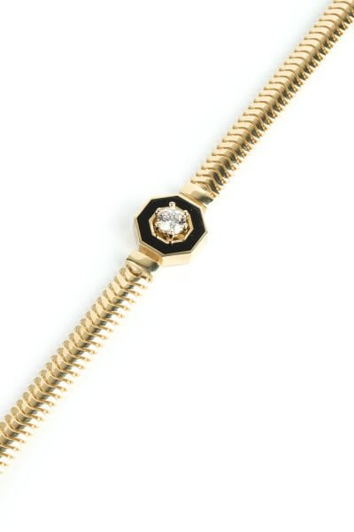 Altın Siyah Mineli Oktagon Tektaşlı İtalyan Örgü Bileklik