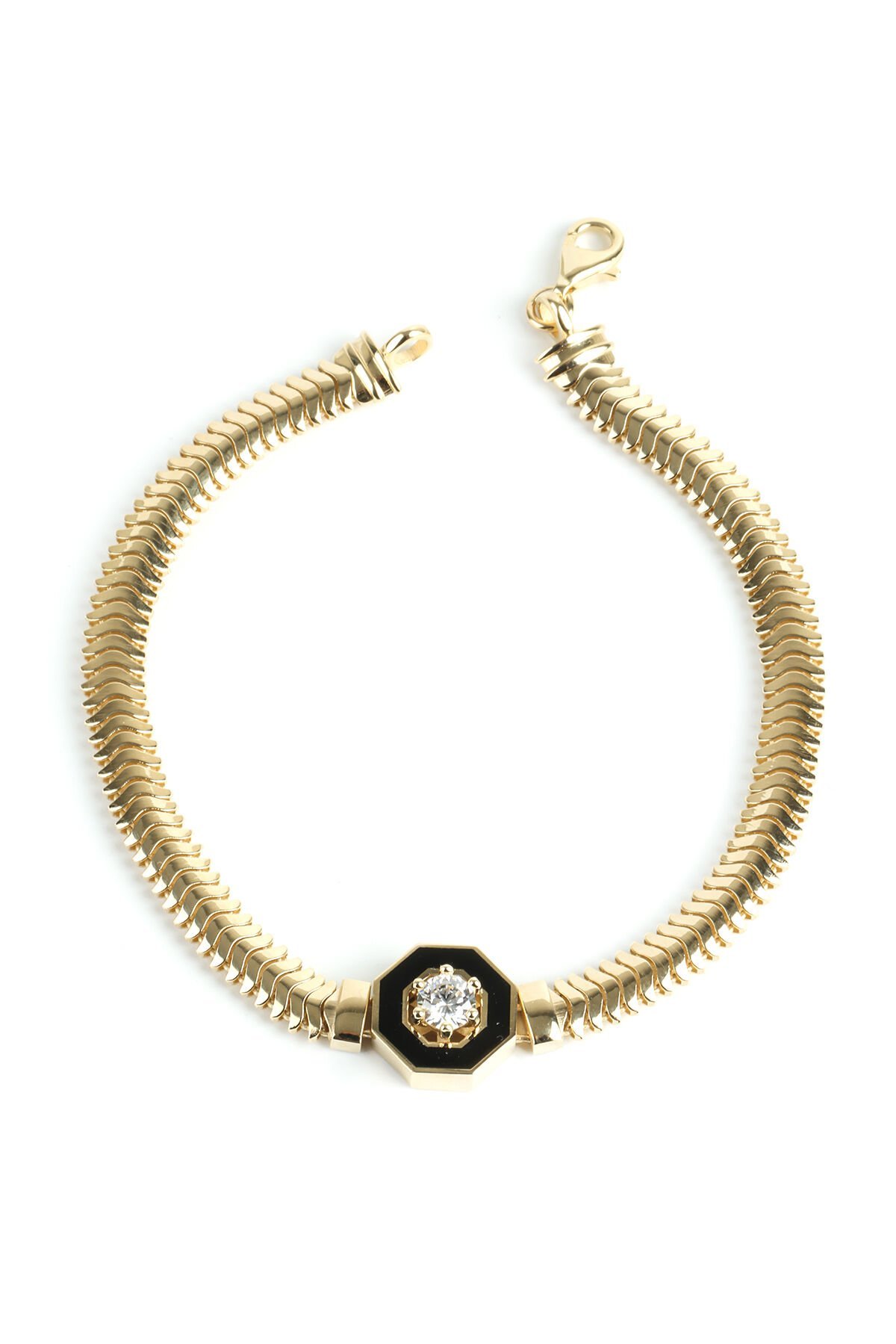 Altın Siyah Mineli Oktagon Tektaşlı İtalyan Örgü Bileklik
