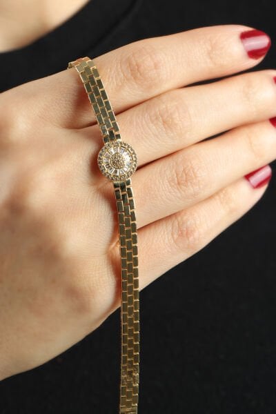 Altın Tuğla Örgü Zincirli Baget Taşlı Güneş Bileklik