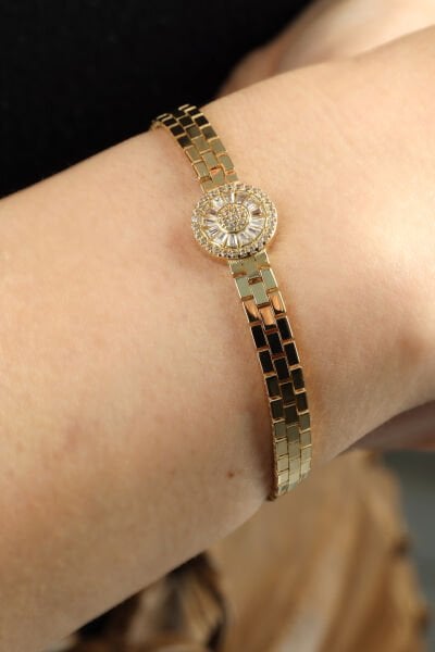 Altın Tuğla Örgü Zincirli Baget Taşlı Güneş Bileklik