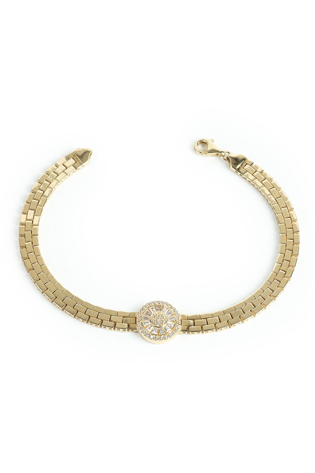 Altın Tuğla Örgü Zincirli Baget Taşlı Güneş Bileklik