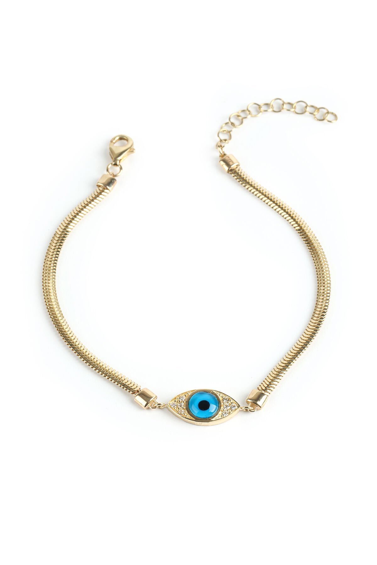 Altın Taşlı Göz Figürlü İtalyan Ezme Zincir Bileklik