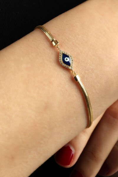 Altın Lacivert Mineli ve Taşlı Göz İtalyan Ezme Bileklik