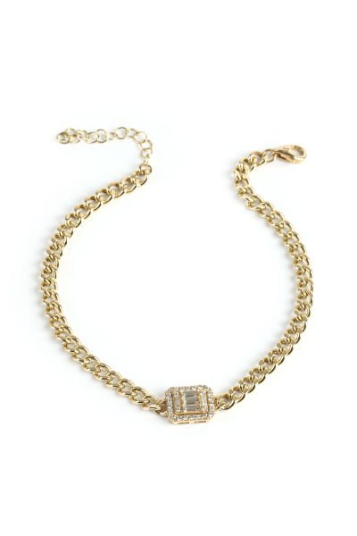 Altın Kare Baget Taşlı Gurmet Zincir Bileklik