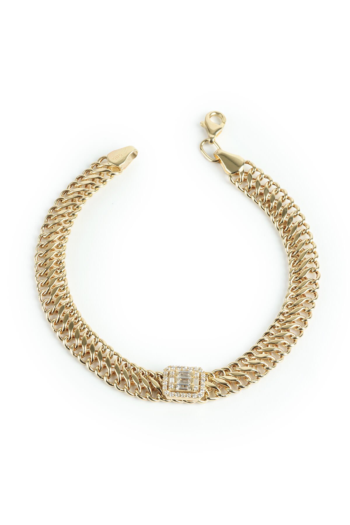 Altın Çift Sıralı Gurmet Zincirli Dikdörtgen Baget Bileklik