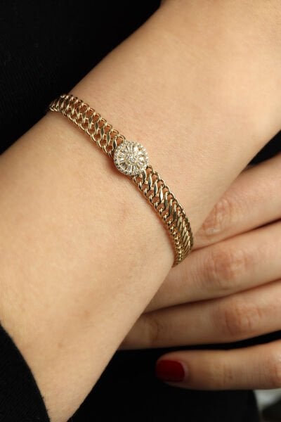 Altın Çift Sıralı Gurmet Zincirli Işıltılı Güneş Bileklik