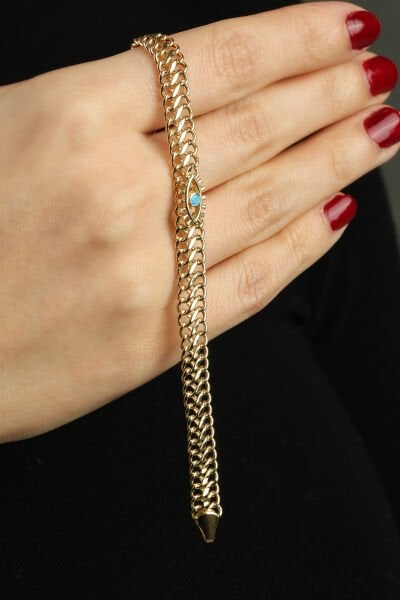 Altın Çift Sıralı Gurmet Zincirli Turkuaz Taşlı Göz Bileklik