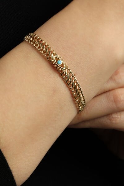 Altın Çift Sıralı Gurmet Zincirli Turkuaz Taşlı Göz Bileklik