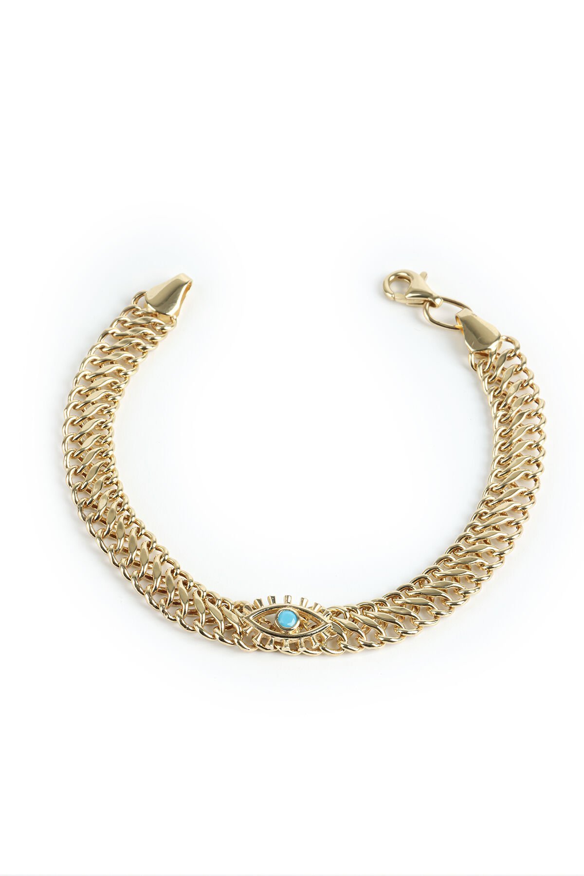 Altın Çift Sıralı Gurmet Zincirli Turkuaz Taşlı Göz Bileklik