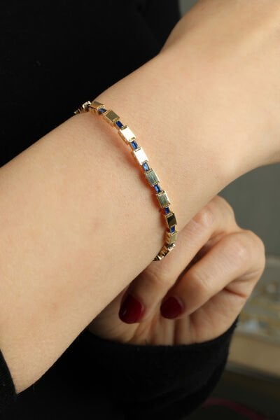 Altın Safir Mavisi Baget Taşlı Modern Geometrik Bileklik