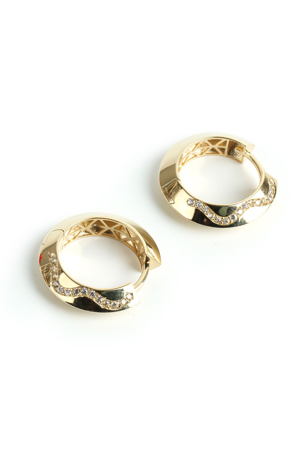 Altın S-Yolu Taşlı Geniş Modern Halka Küpe