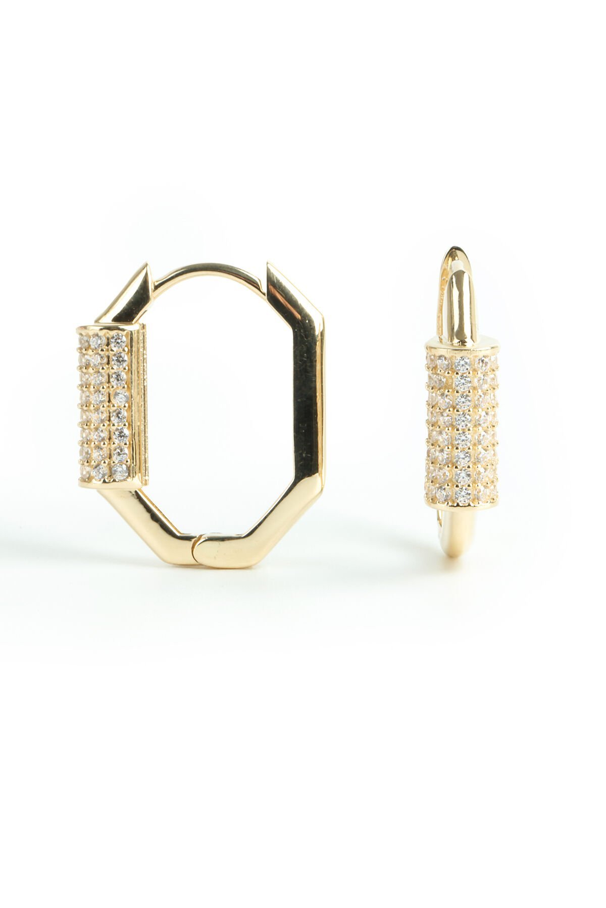 Altın Altıgen Formlu ve Silindir Taşlı Halka Küpe