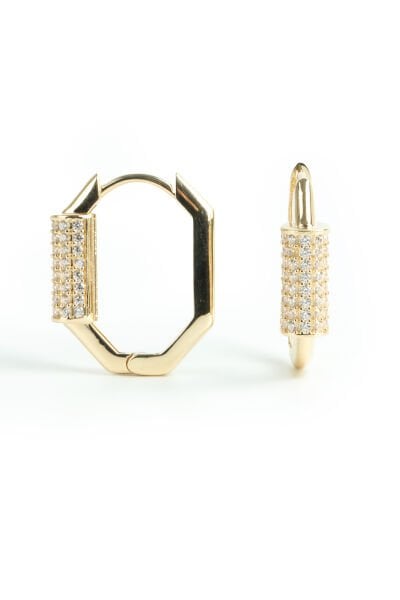 Altın Altıgen Formlu ve Silindir Taşlı Halka Küpe