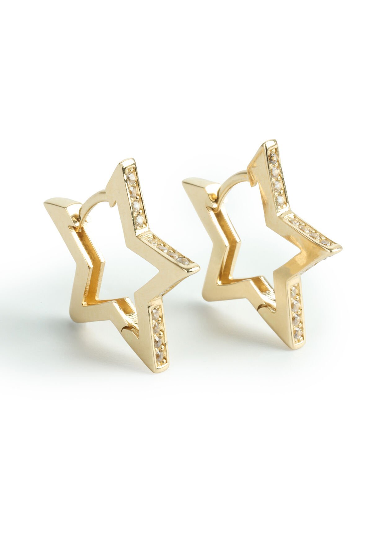 Altın Keskin Hatlı Taş Dizimli Yıldız Halka Küpe