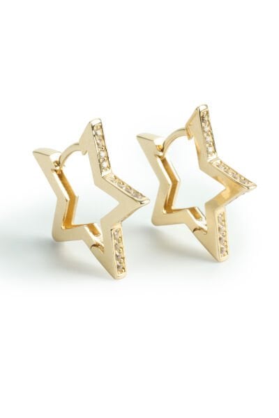 Altın Keskin Hatlı Taş Dizimli Yıldız Halka Küpe